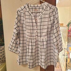 🆕️Wrangler Women's Blouse Black & White Plaid Ruffle Bottom Midi Sleeve